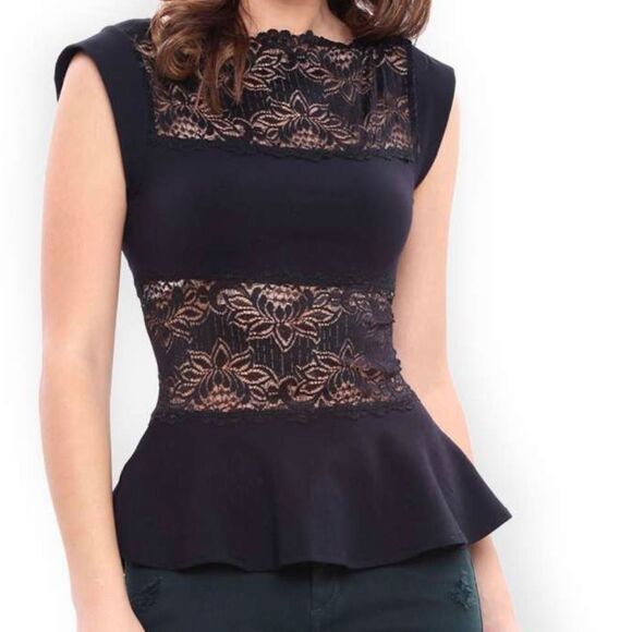 BEBE Cream Lace Panel Peplum Top Size XS - Picture 9 of 10